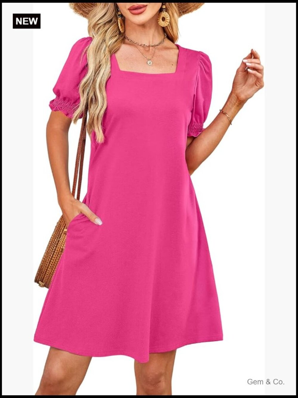 Cute Square Neck Puff Short Sleeve Dress with Pockets